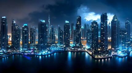 Obraz premium Night City Skyline Panorama with Illuminated Skyscrapers and Blue Reflections