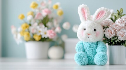 Obraz premium Easter bunny toy, spring flowers, pastel background