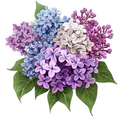 Fototapeta premium A beautiful bouquet of lilacs is gathered, showcasing various shades of purple. The delicate flowers burst with color among lush green leaves, creating an eye-catching natural display.
