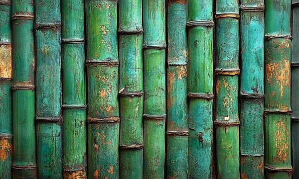 A close-up view of a textured bamboo wall showcasing vibrant green and weathered tones, ideal for nature themes