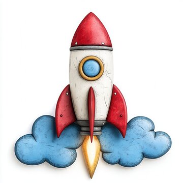 Vintage Cartoon Rocket Launching Through Clouds