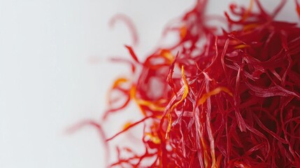 Naklejka premium A close-up shot of a pile of saffron threads on a plain white background. The vivid red-orange color of the saffron strands is prominently displayed, showcasing the fine, delicate nature of the spice.