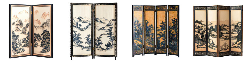 Beautiful traditional decorative oriental landscape paintings displayed on a classic four panel...