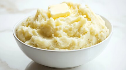 Bowl of fluffy mashed potatoes with butter melting on top, placed on a white surface.