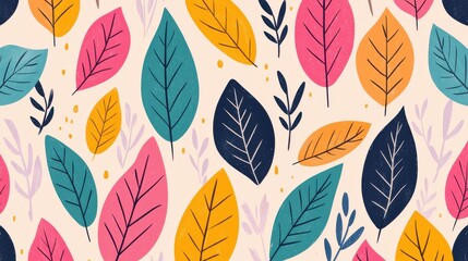 Background pattern leaf concept. Vibrant Whimsical Hand Drawn Colorful Spring Foliage with Leaves Pattern