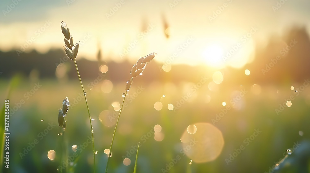 Poster delicate closeup of grass blades glistening with dew at sunrise against a backdrop of soft bokeh lig