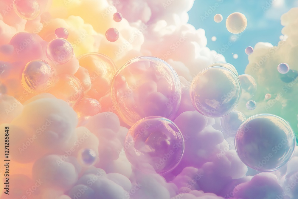 Aufkleber many iridescent soap bubbles floating and mixing with pastel colored clouds creating a dreamy atmosp