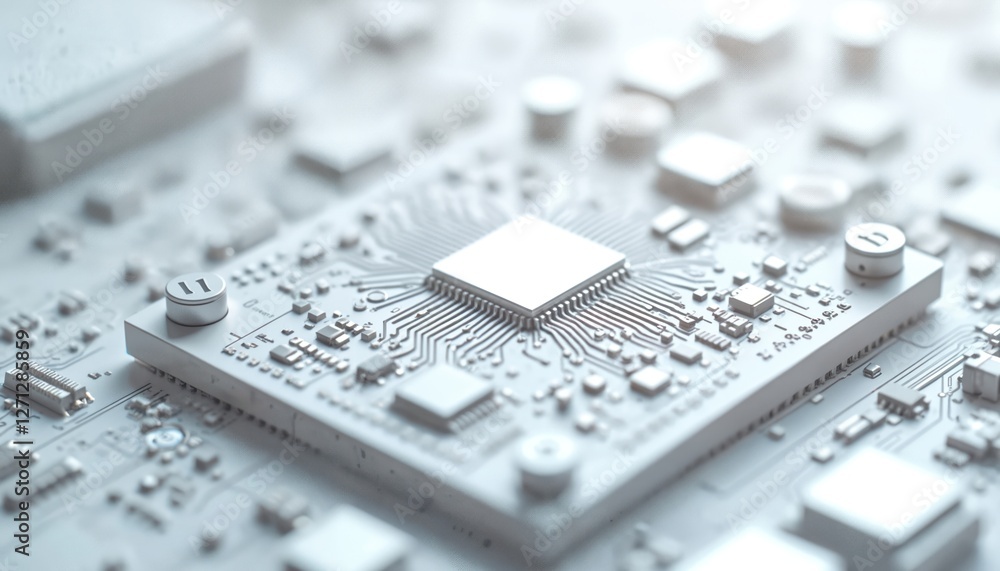 Poster detailed close-up of modern silver computer motherboard electronic circuit board. ai ml tech hardwar