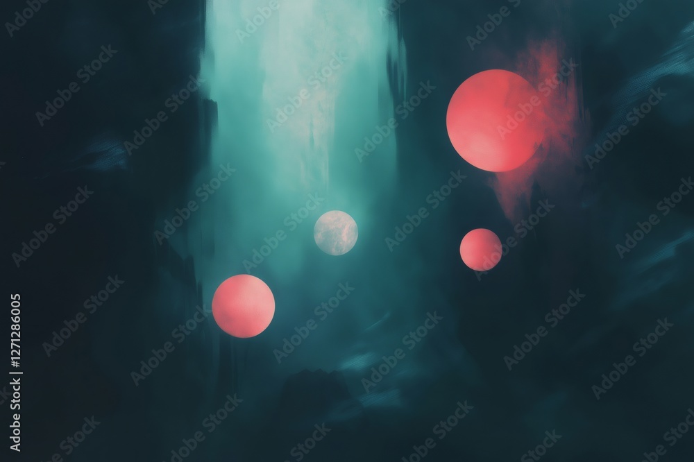 Poster pink and white glowing orbs floating in a dark abstract scene with teal and dark tones, creating a m