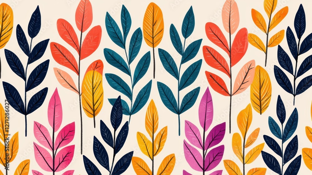 Poster background pattern leaf concept. whimsical autumn leaves with colorful hand drawn patterns