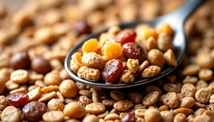Fototapeta premium A close-up of a spoonful of mixed nuts and dried fruit on top of more nuts.
