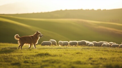 Obraz premium Dog Herding Sheep in Beautiful Landscape