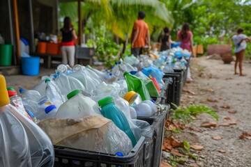 Crates overflowing with plastic bottles during a community workshop focused on recycling and reducing plastic waste