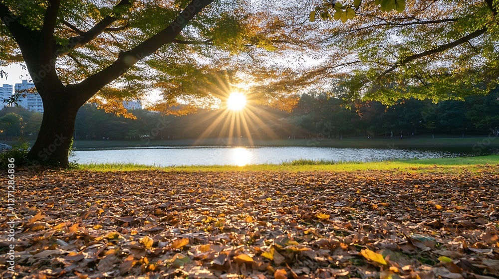 Fototapete Golden hour view of a shimmering lake framed by autumn trees as sunlight breaks through the foliage creating a sparkling reflection : Generative AI