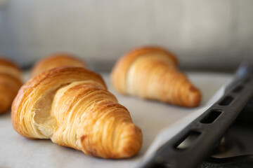 Homemade croissants cool on baking paper. Use for culinary websites and cooking tutorials. © Ann