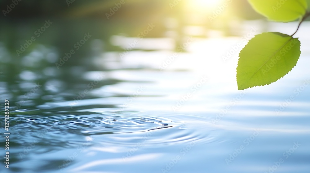 Poster tranquil water surface reflecting sunlight with green leaf in serene natural setting : generative ai