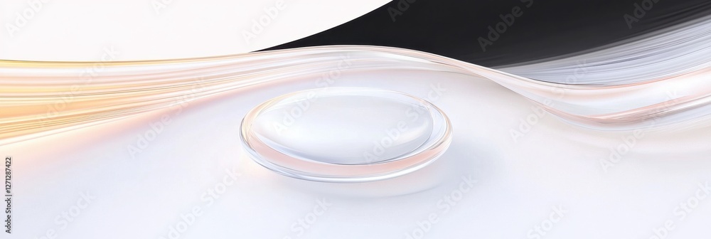 Poster transparent glass sphere on a gradient background with flowing abstract lines