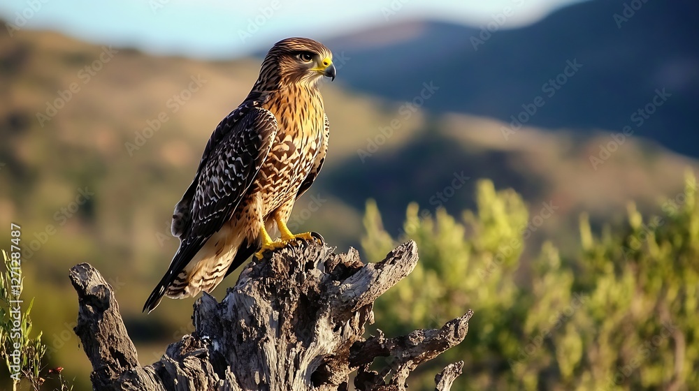 Poster Majestic hawk perched on a tree stump looking into the distance with a blurred mountain backdrop : Generative AI