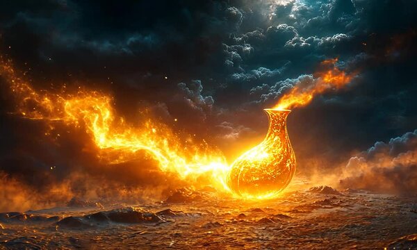 A glowing potion erupts from a mystical vessel, illuminating a stormy sky over turbulent waters