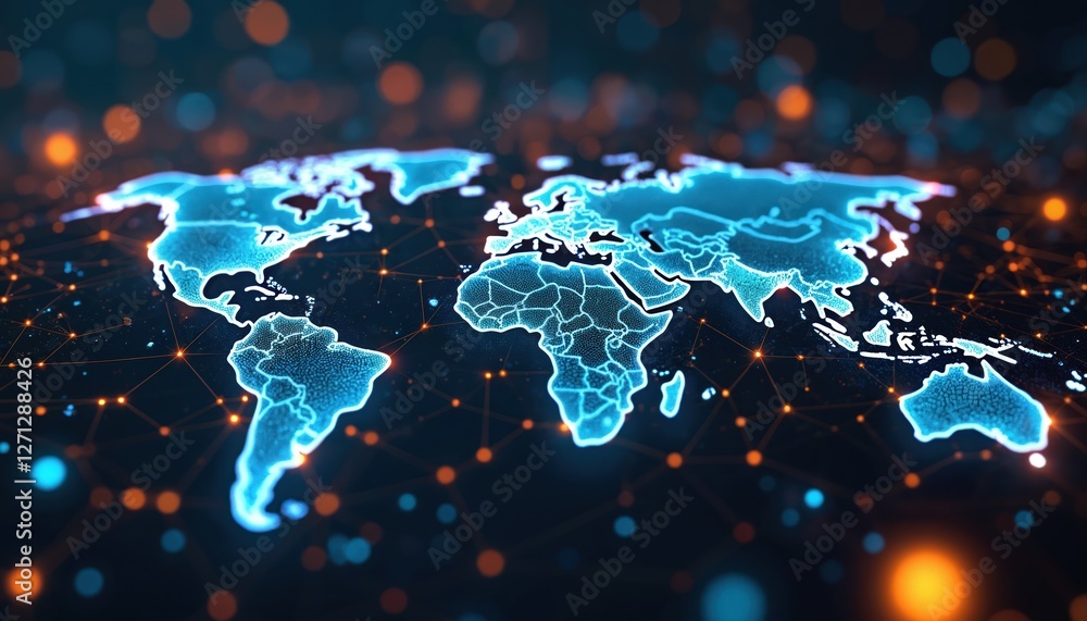 Poster abstract world map with glowing network connections. data management, digital transformation of glob