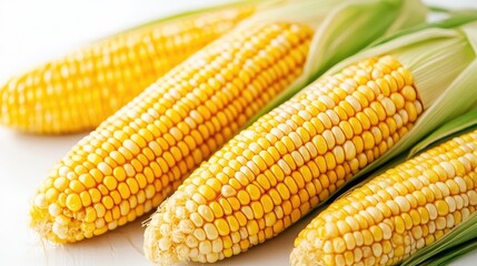 Close-up of raw corn on the cob, peeled and ready to be cooked, displayed against a clean white background.