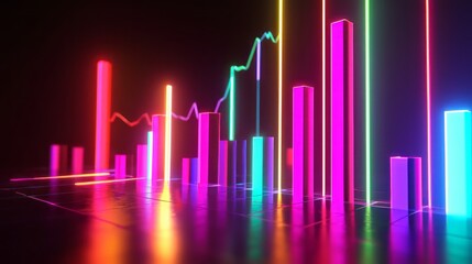 Fototapeta premium Futuristic neon bar chart with glowing bars and trend lines in vibrant colors, representing financial growth, data analysis, and business performance. AI generative.