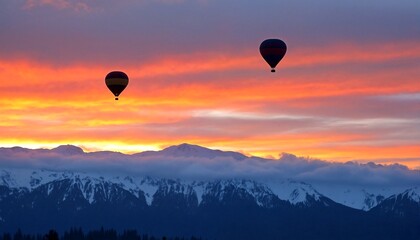 Obraz premium Hot Air Balloons Over Snowy Mountains.