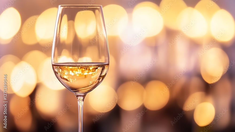 Poster elegant wine glass filled with white wine reflecting warm bokeh lights in a festive atmosphere : gen
