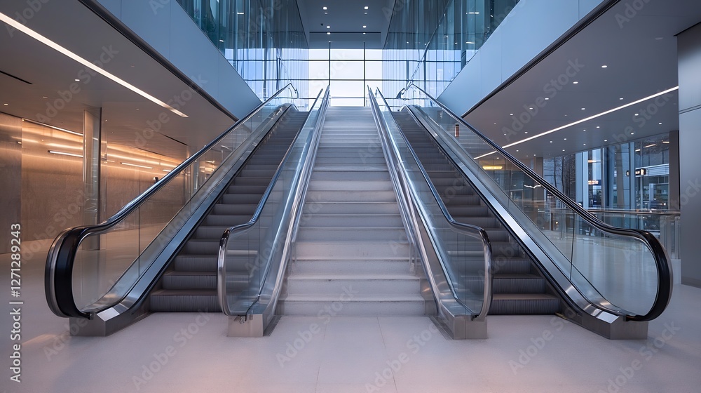 Poster modern transport escalators in a sleek glass building with bright natural light and an open layout :