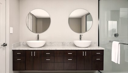 Bathroom with marble countertop and dark wood cabinets.
