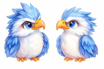 Fototapeta premium Two cute blue baby birds facing each other, white background, children's book illustration