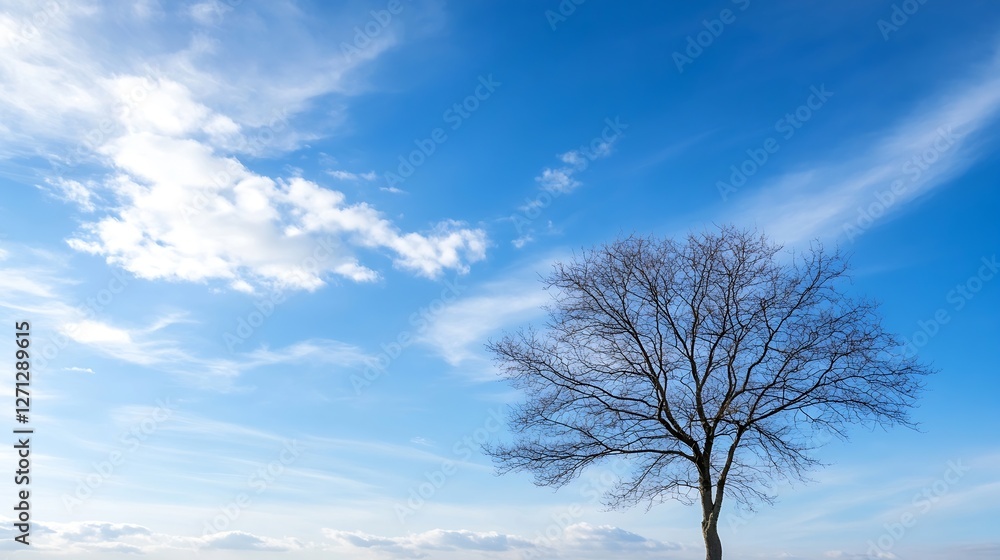 Poster lonely tree standing against a bright blue sky with fluffy clouds in a serene landscape : generative