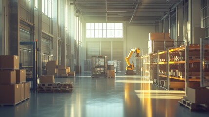 Modern High-Tech Warehouse Interior with Robotic Arm for Packaging and Sorting