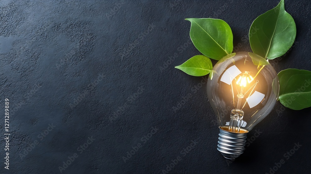 Aufkleber ecofriendly light bulb illuminated next to fresh green leaves on a dark textured surface : generativ