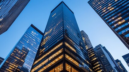 Fototapeta premium Majestic skyscraper towering into the evening sky with a stunning modern facade in a bustling city : Generative AI