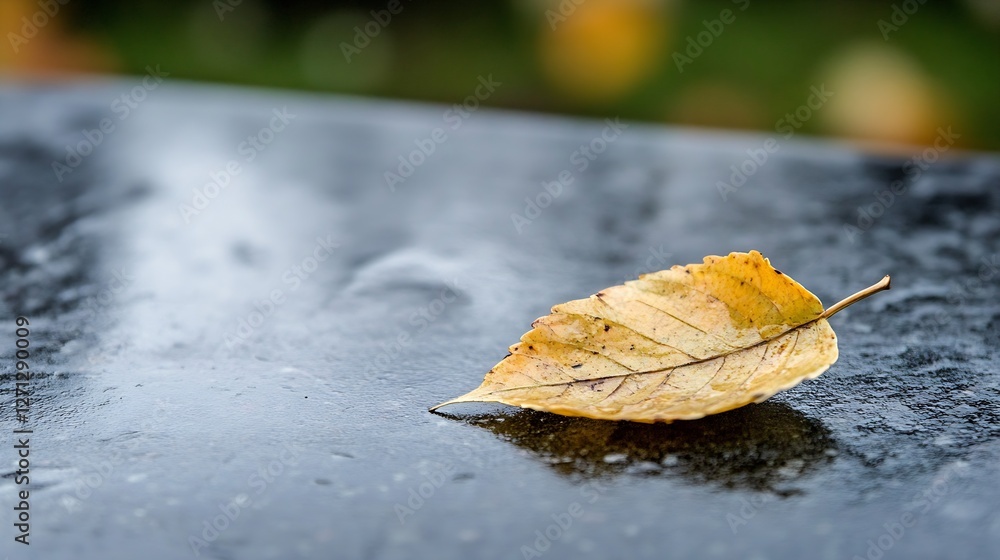 Poster single autumn leaf resting on a wet surface after rain showcasing vibrant colors and textures of nat