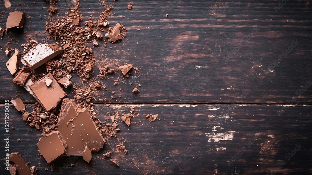 Aufkleber Broken chocolate pieces scattered on a wooden surface with some pieces slightly melted showing decadent textures : Generative AI
