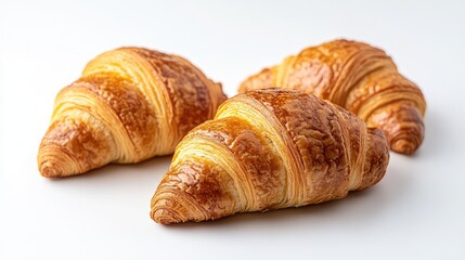Fototapeta premium Crisp croissants with golden-brown layers, placed on a clean white background with copy space for branding.