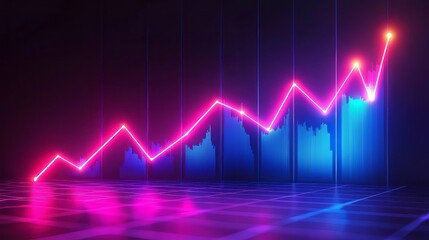 Fototapeta premium Neon glowing stock market graph with rising trend, futuristic financial data visualization in a digital high-tech setting. AI generative.