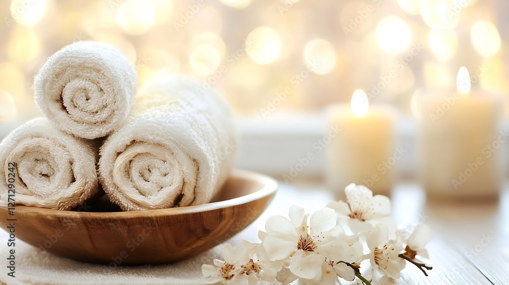 Aufkleber rolled white towels and smooth wooden bowl with flowers and candles creating a spa atmosphere : gene