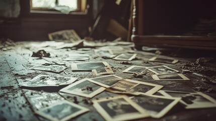Naklejka premium Strewn across a dusty floor, old photographs tell fragmented stories in a nostalgic, forgotten setting.