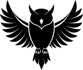 Minimalistic Black Silhouette Vector Illustration of an Owl Spreading Its Wings, Majestic Night Hunter, Bird of Prey, Silent Flight, Winged Beauty, Nature, and Mysterious Wildlife Art.