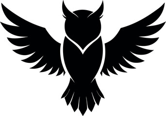 Minimalistic Black Silhouette Vector Illustration of an Owl Spreading Its Wings, Majestic Night Hunter, Bird of Prey, Silent Flight, Winged Beauty, Nature, and Mysterious Wildlife Art.