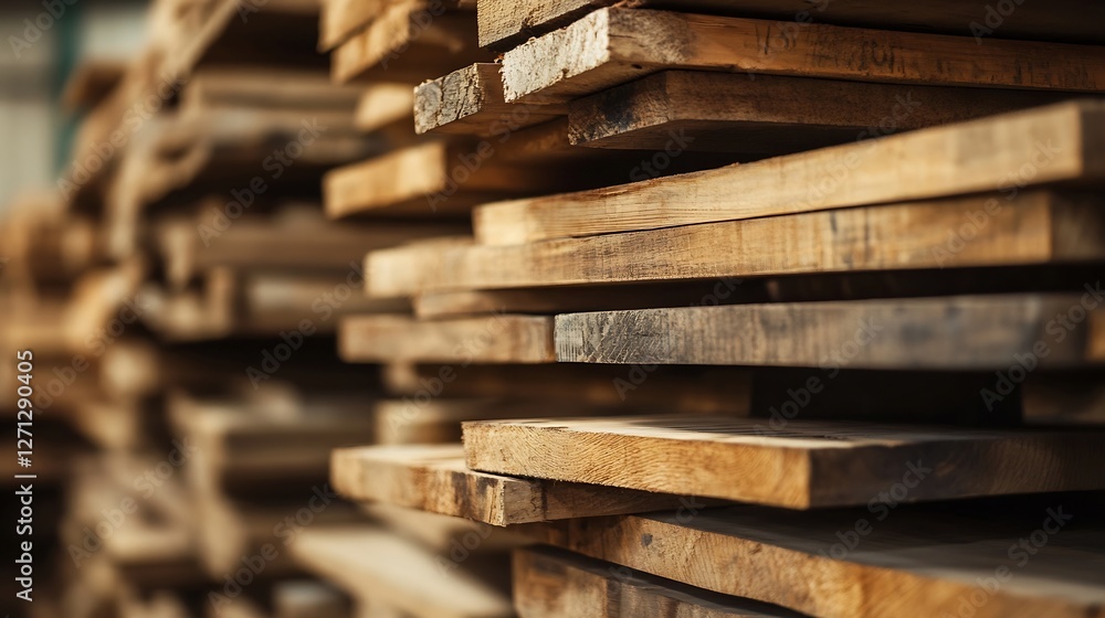 Poster close up of neatly stacked wooden planks in a warehouse representing quality materials for construct