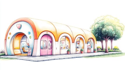 Whimsical Pastel Colored Arched Building in a Lush Garden Setting