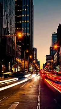Wide Shot time-lapse of a busy urban street serene evening, warm tungsten grading to cool twilight, streetlight and car trails glowing, the passage of time. Vertical video backgrounds
