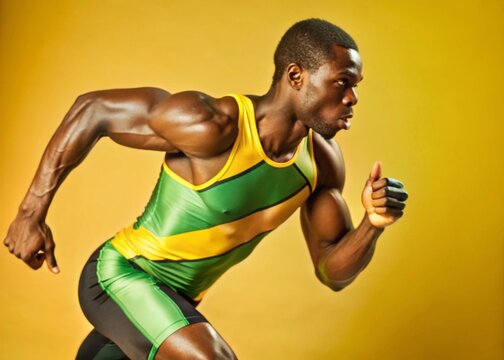 Dynamic sprinting action of a male jamaican olympic sprinter in a studio environment captured in a portrait style for athletes and sports enthusiasts
