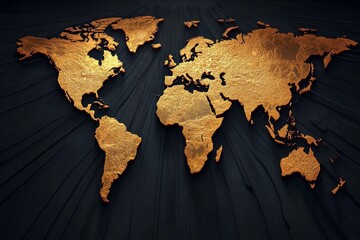 Black and Gold World Map on Dark Background Featuring Global Cities and National Borders