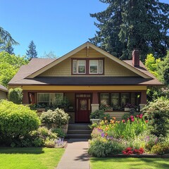 Naklejka premium Charming Craftsman bungalow with lush garden in a serene setting