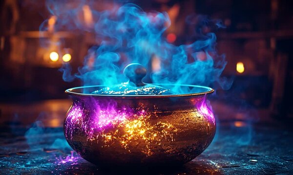 A mystical golden cauldron bubbling with colorful smoke in a dimly lit, enchanting setting